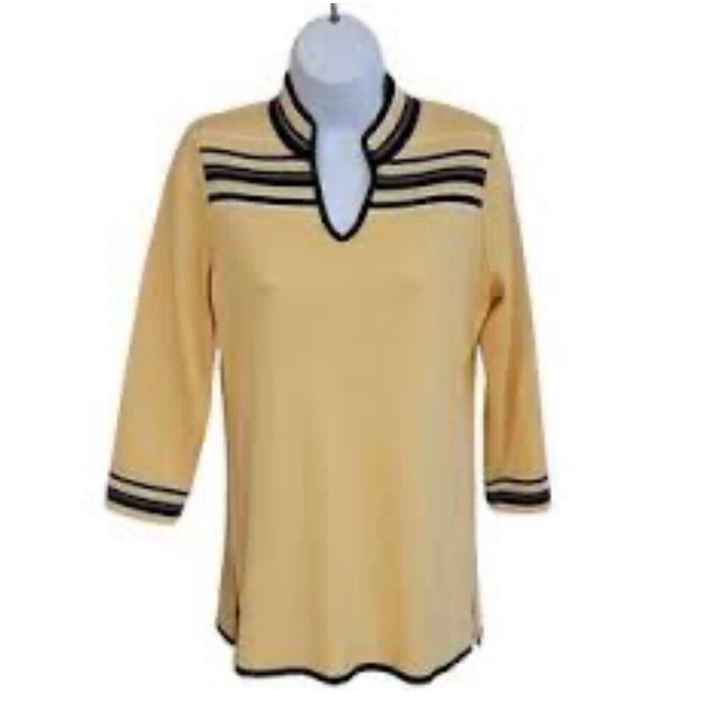 Misook Maize‎ Yellow Black White Stripe Knit Top Women’s Size XL 3/4 Long Sleeve